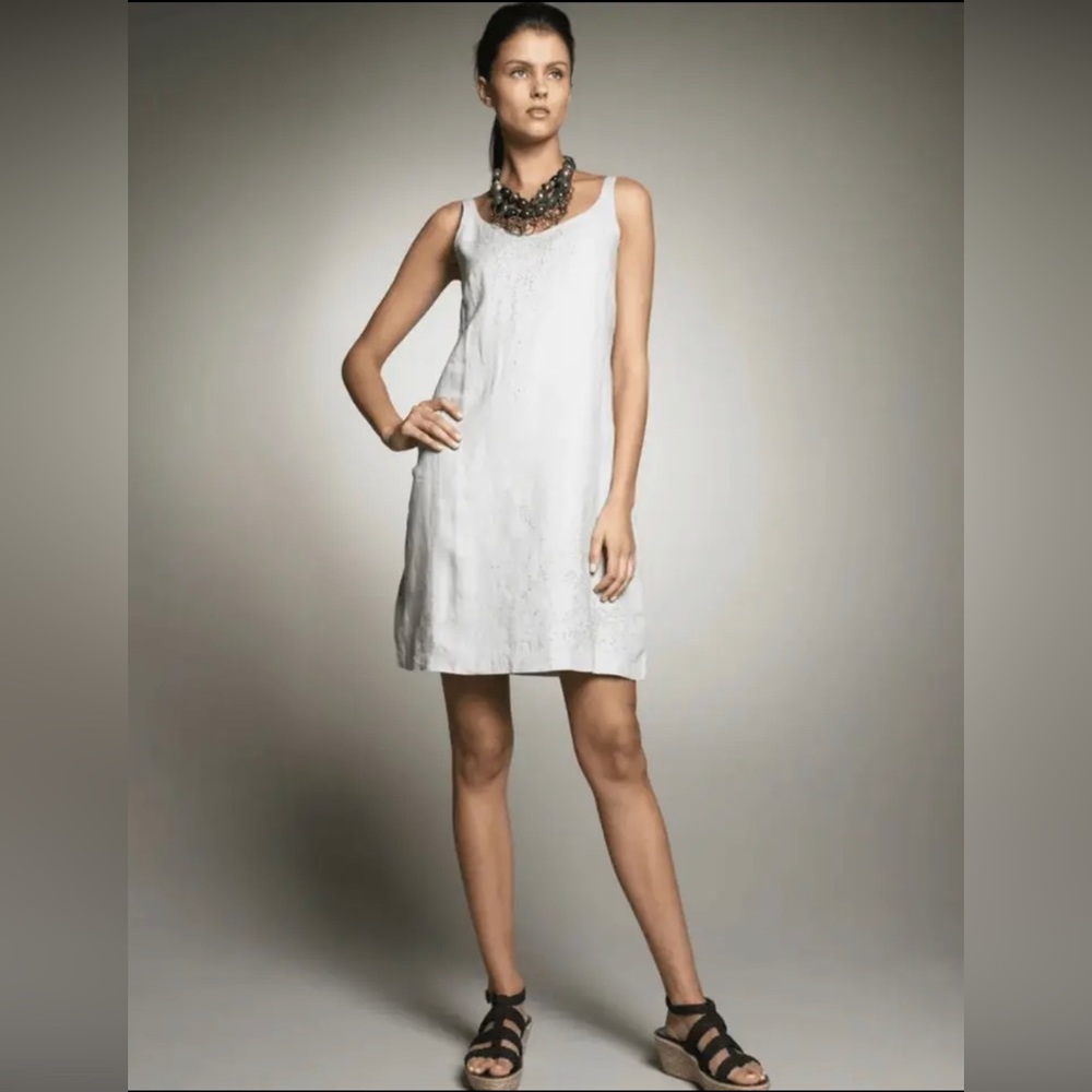Eileen Fisher 100% Irish linen white tank dress with tiny sequins, size 10